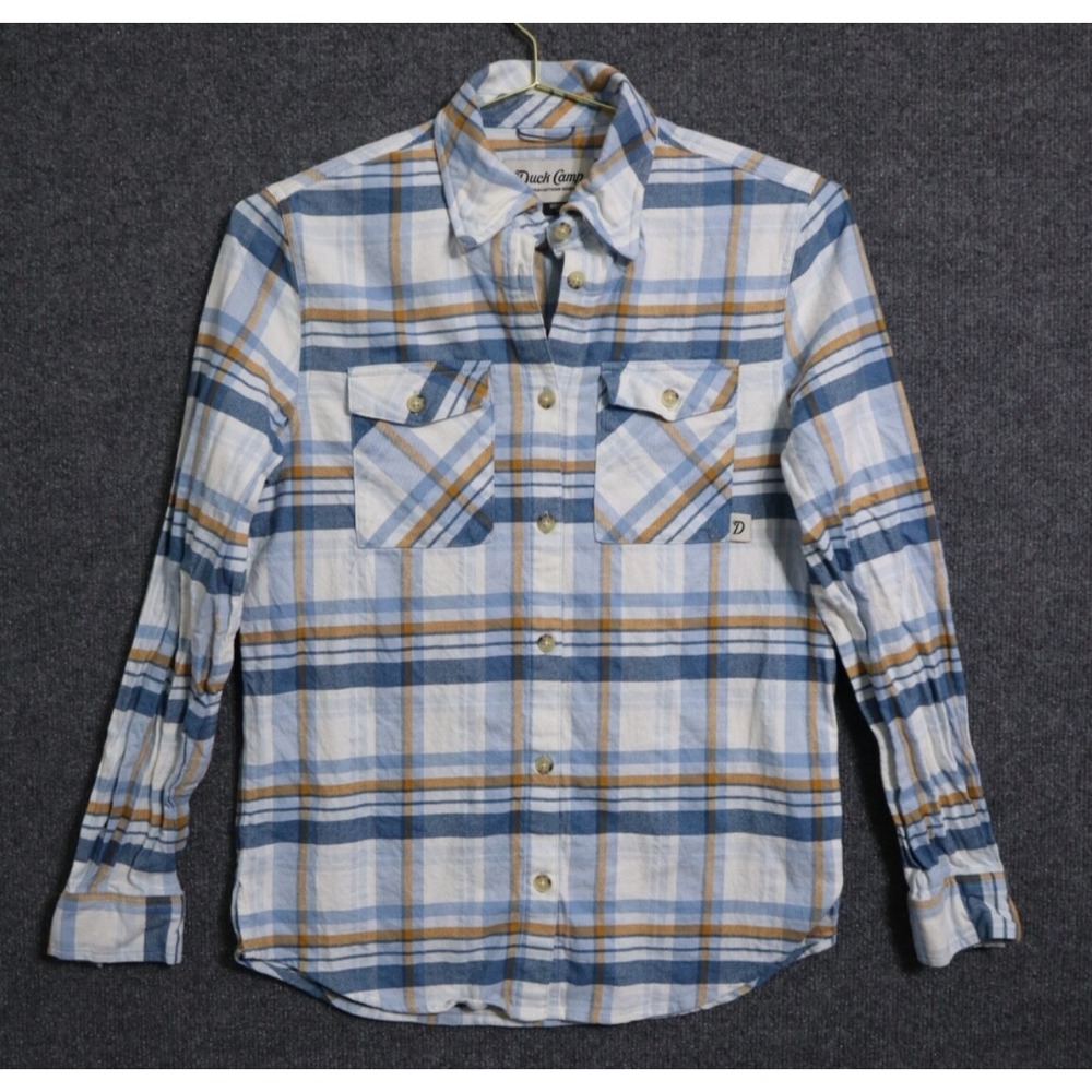 Duck‎ Camp Shirt Women Medium Blue Trailhead Twill Plaid Flannel LS Button Up